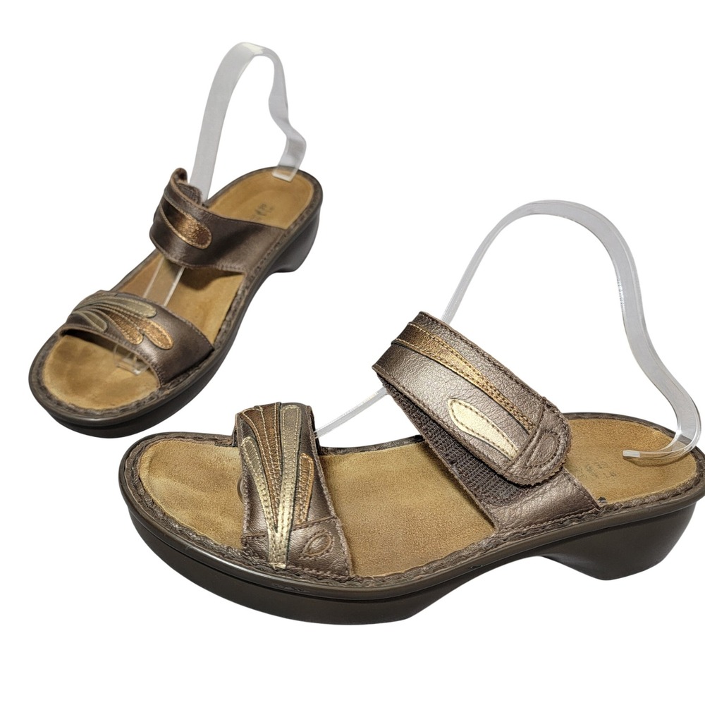 Naot Bronze Metallic Leather Wedge Sandals Womens 39 US 8 Hook Loop Straps